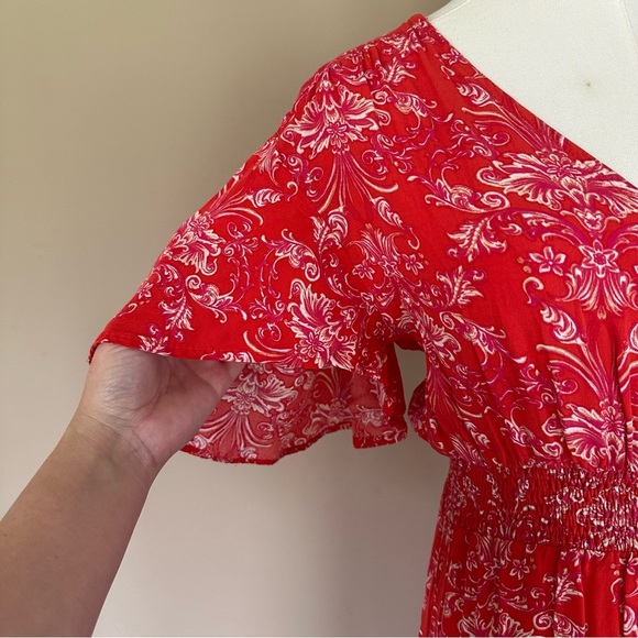 Abel The Label Boho Tiered Maxi Dress Women Small Cottagecore Red Flutter Sleeve - Picture 6 of 13